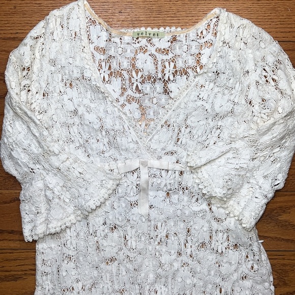 Velvet Cream Lace Croquette Mini Vintage Quarter Sleeve Dress H - Picture 2 of 4